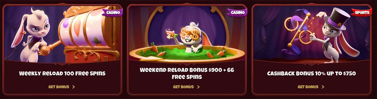 Casino and sports promo cards featuring a weekly reload with 100 free spins, a weekend reload bonus of $900 plus 66 free spins, and a cashback bonus of 10% up to $750, illustrated with rabbit magician characters and “Get Bonus” links.