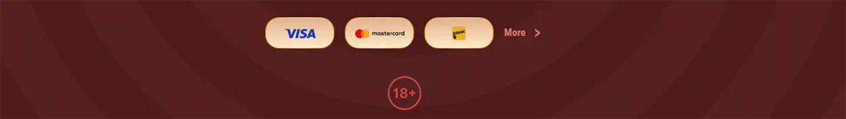 Payment methods footer with Visa, Mastercard, and Maestro icons, a “More” link, and an 18+ badge on a red patterned background.