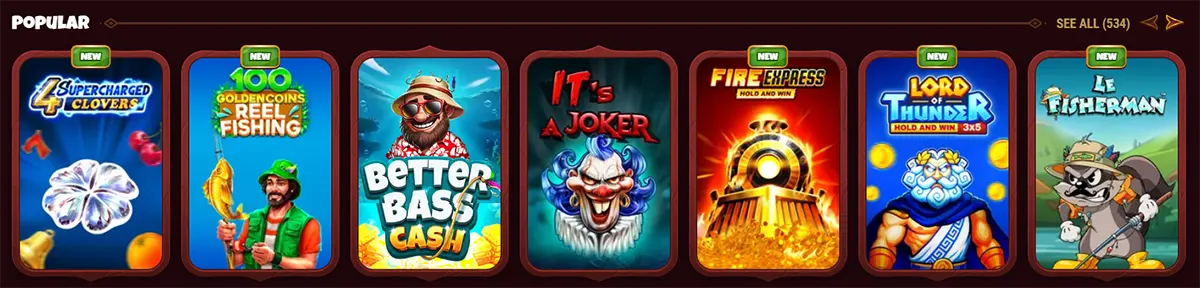 Popular slot games section featuring 4 Supercharged Clovers, 100 Golden Coins Reel Fishing, Better Bass Cash, It’s a Joker, Fire Express, Lord of Thunder, and Le Fisherman, with “New” labels and a “See all” link on a red casino interface.